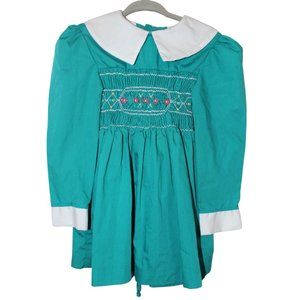 Vintage Polly Flinders Green Dress Hand Smocked Floral Embroidered Kids Size 3T
